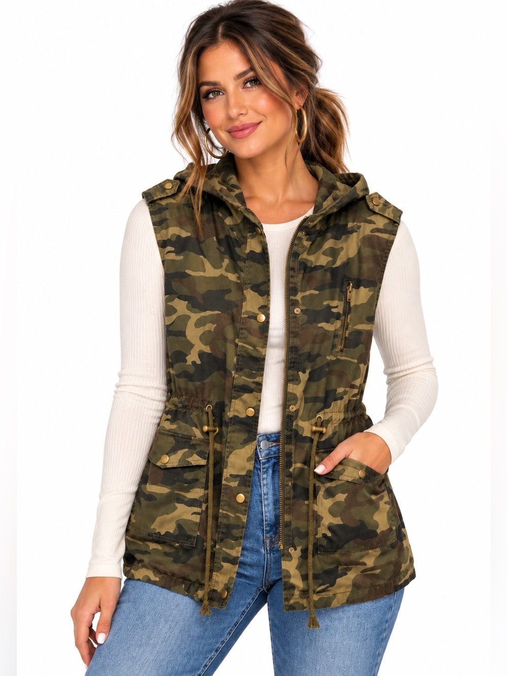 Zenana Outfitters 2X Camo Utility Vest Hooded Military Style Cotton Cargo Vest